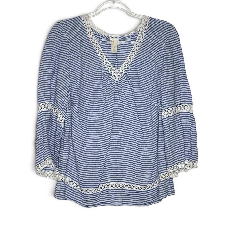 Chico's Linen Macrame 3/4 Sleeve Top Blue White Striped Women’s Size Large 2